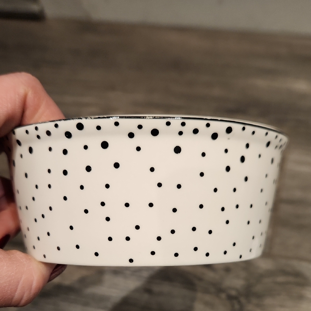 EUC Fido's Diner By Coastline Imports Dog Dish w/Black Polka Dots 2 1/8" Ht